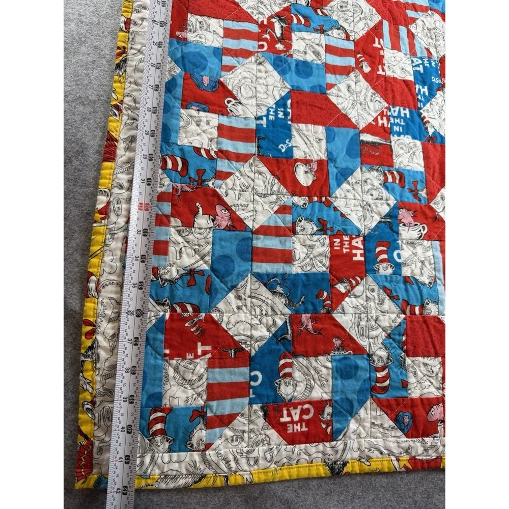 Dr. Suess Cat In The Hat Handmade Crib Tummy Time  Double Sided Churn Dash Quilt